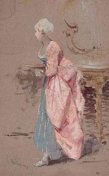Signora in piedi in abiti rococò